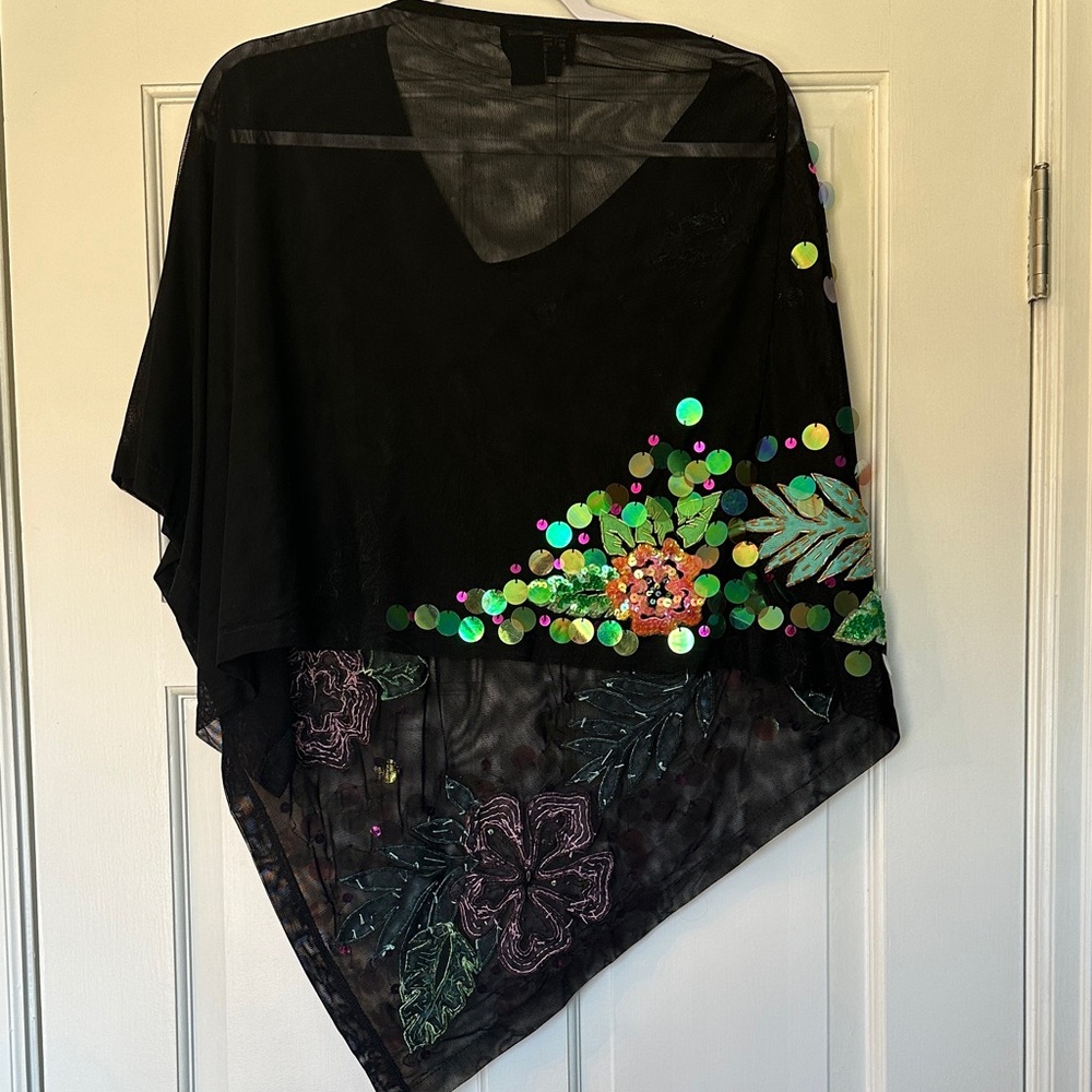 Berek Black Sheer Poncho with Sequin Floral Accents - Picture 9 of 11